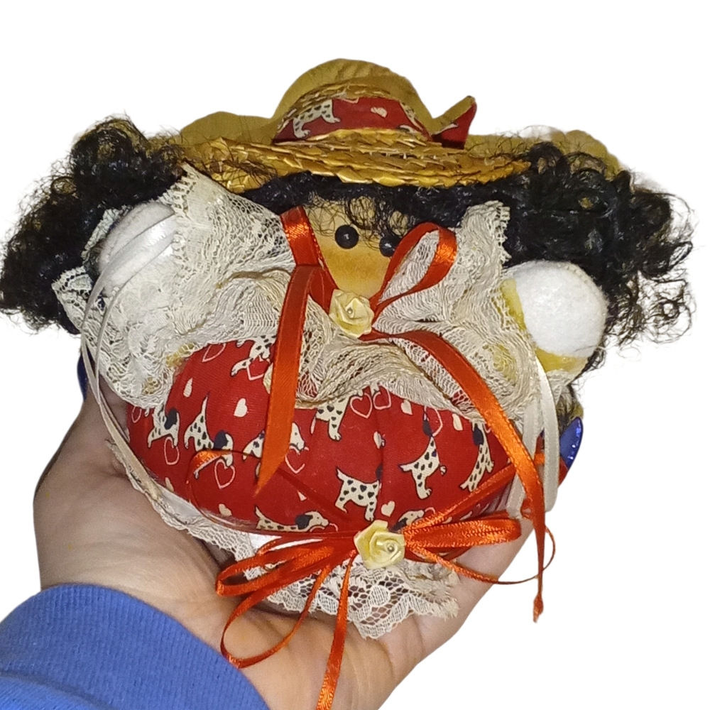 Handmade Rag Doll with Straw Hat - Red Patterned Dress
